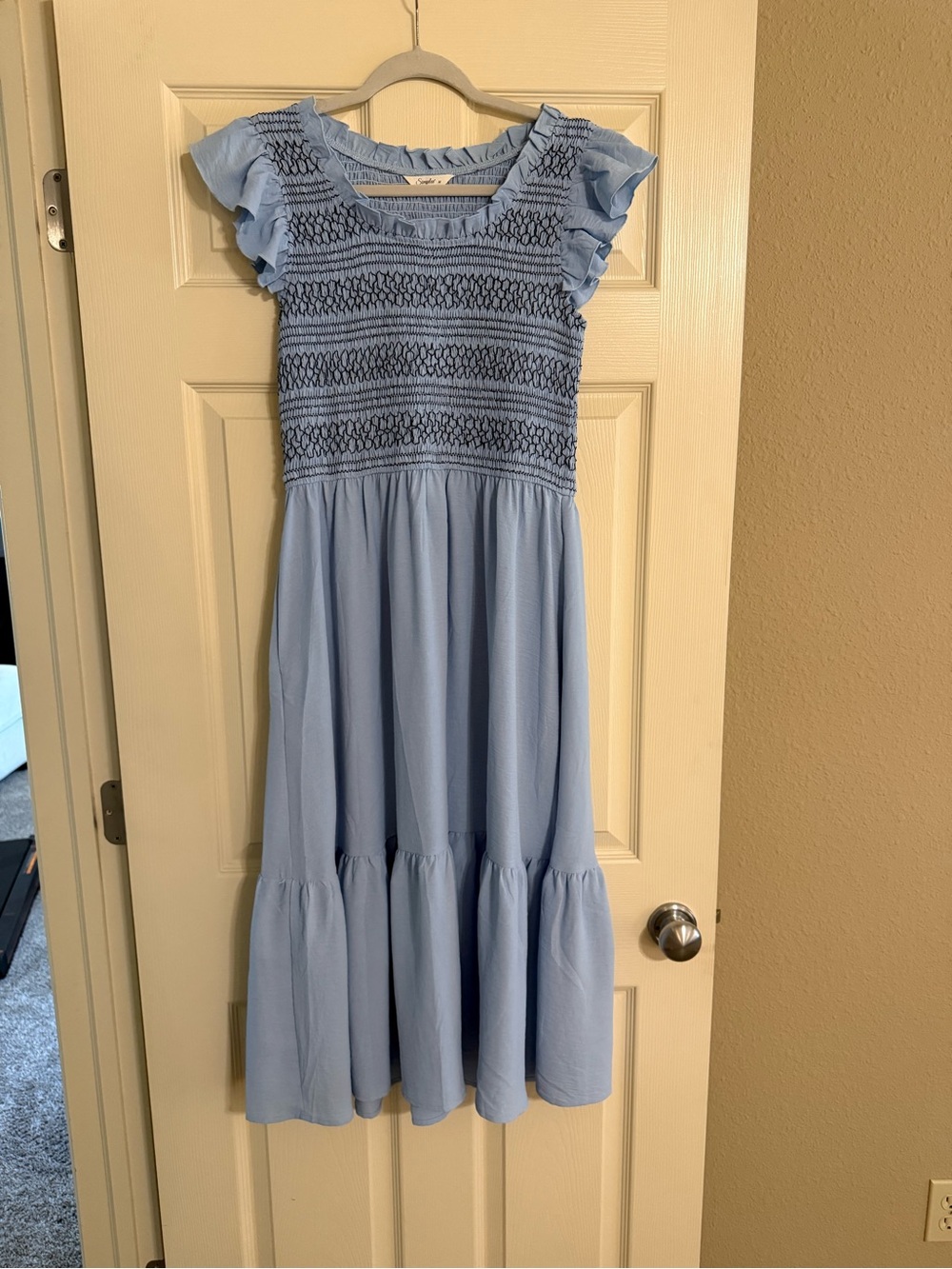 Light Blue Smocked Flutter-Sleeve Dress